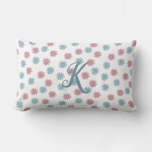 Cute Dainty Pink Blue Daisy Flower Floral Monogram Lumbar Cushion