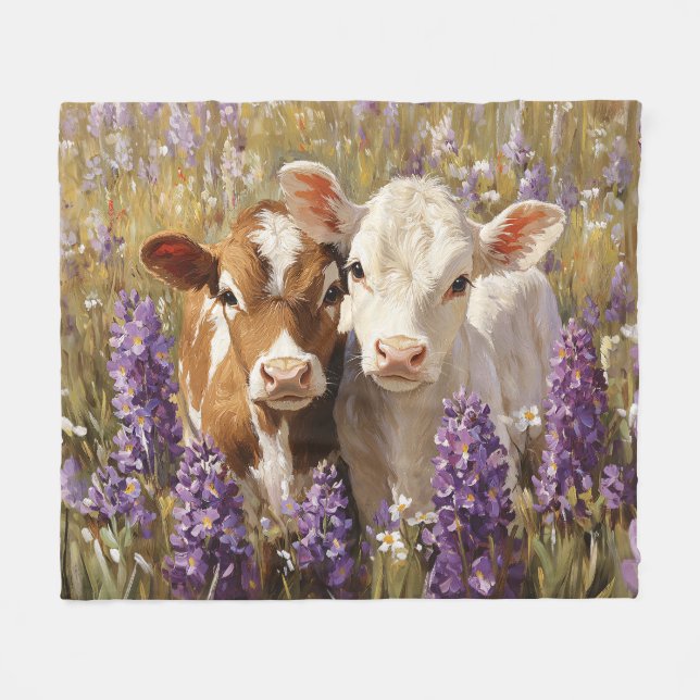 Cute Dairy Cow Calves Lupine Flowers Fleece Blanket (Front (Horizontal))
