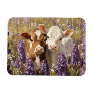 Cute Dairy Cow Calves Lupine Flowers Flexible Magnet