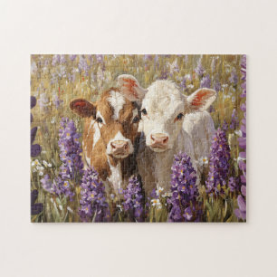 Cute Dairy Cow Calves Lupine Flowers Jigsaw Puzzle