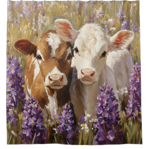 Cute Dairy Cow Calves Lupine Flowers Shower Curtain