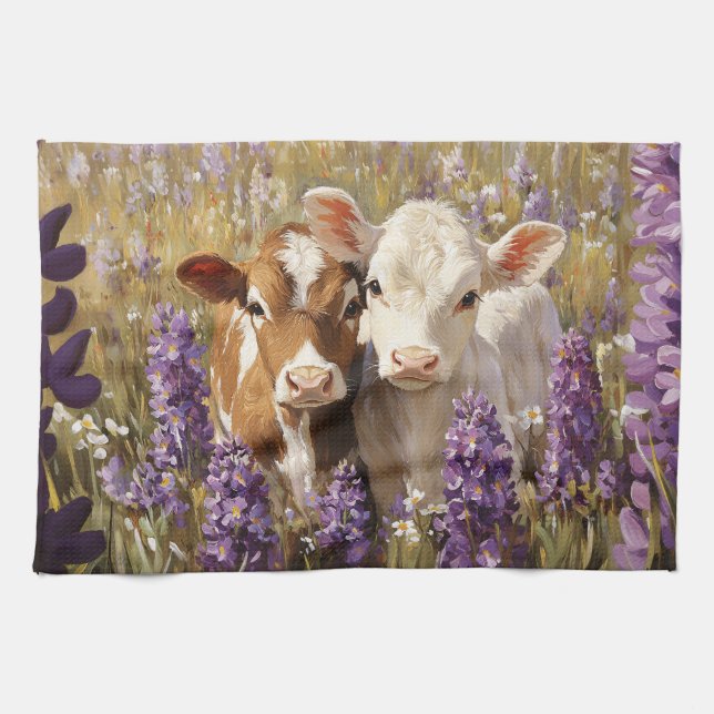 Cute Dairy Cow Calves Lupine Flowers Tea Towel (Horizontal)
