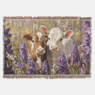 Cute Dairy Cow Calves Lupine Flowers Throw Blanket