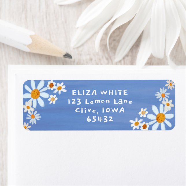 Cute Daisies Gouache Custom Blue Return Address Label (Insitu)
