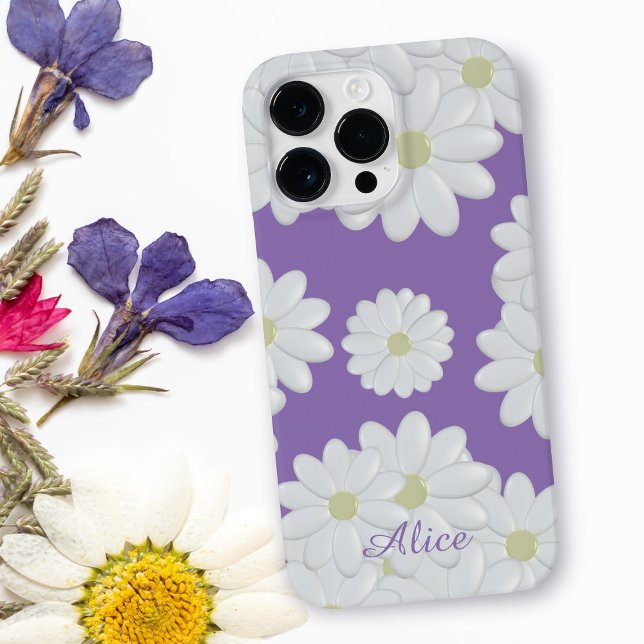 Cute Daisies Name Purple White Daisy Pattern Case-Mate iPhone Case (A pretty purple and white daisy pattern phone case with space for your name)