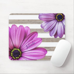 Cute Daisies Wood White Stripes Add Name Mouse Pad