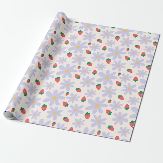 Cute Daisy and Strawberry Pattern Wrapping Paper (Unrolled)