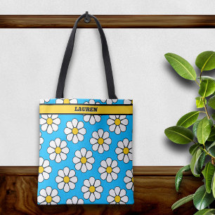 Cute Daisy Blue and Yellow Personalized Tote Bag