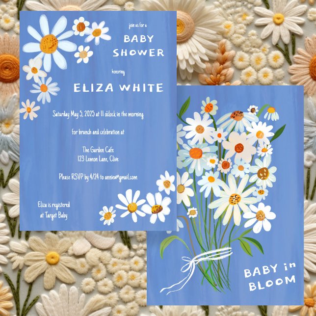 Cute Daisy Bouquet Handpainted Custom Baby Shower  Invitation (Cute Daisy Bouquet Handpainted Custom Baby Shower Invitation periwinkle Blue

)
