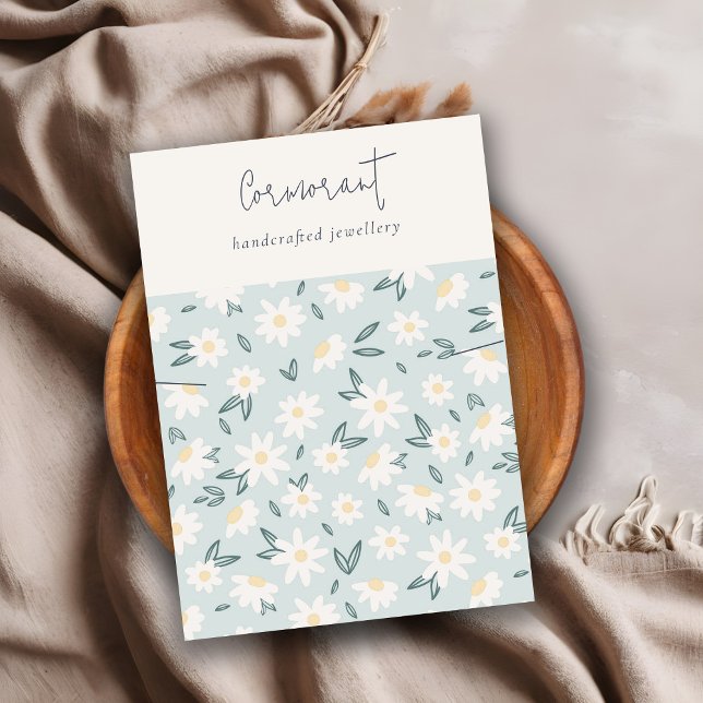 Cute Daisy Floral Aqua Blue Script Necklace Holder Business Card (Creator Uploaded)