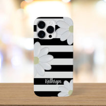 Cute Daisy Floral Black and White Stripes