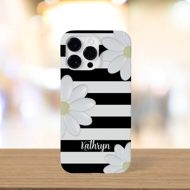 Cute Daisy Floral Black and White Stripes Case-Mate iPhone Case (A cute black and white striped daisy phone case with space for your name)