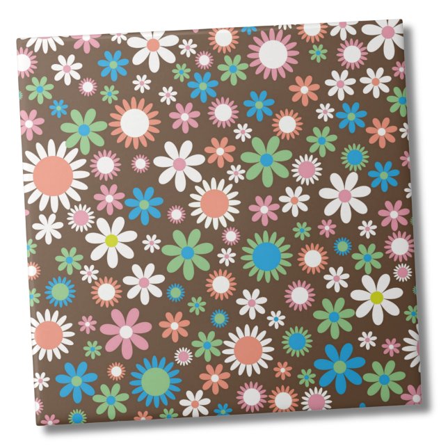 Cute Daisy Floral Pattern Ceramic Tile (Cute Groovy Brown Blue Green Retro Daisy Floral ceramic tile)