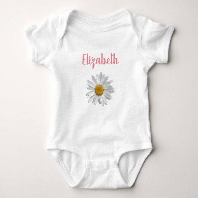 Cute Daisy Floral Pink Typography Personalised Baby Bodysuit (Front)
