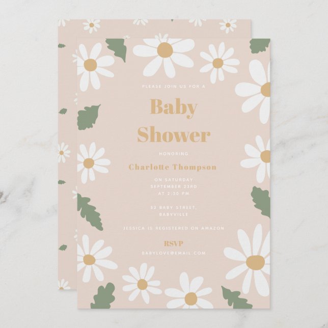 Cute Daisy Flower Baby Shower Girl Pink Invitation (Front/Back)