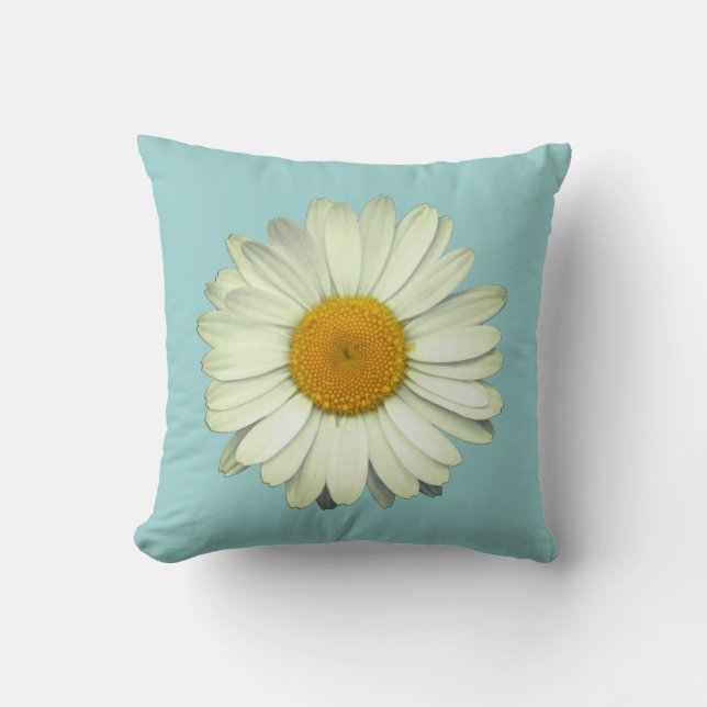 Cute Daisy Flower Head on Light Blue Cushion (Front)