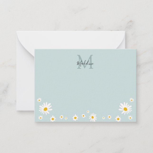 Cute Daisy Flower Modern Teal Monogram Card (Front)