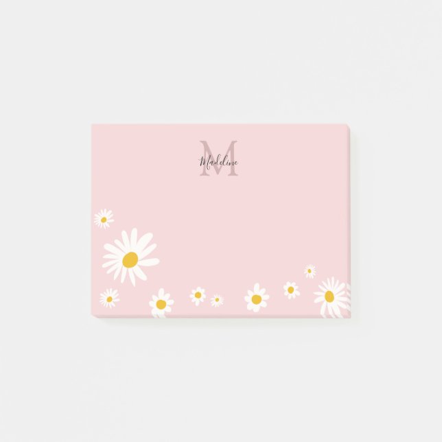 Cute Daisy Flower Pink Modern  Monogram Post-it Notes (Front)