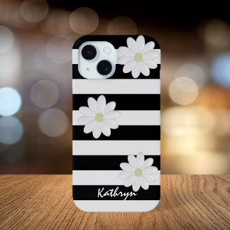 Cute Daisy Flowers Name Black and White Stripe iPhone 15 Case