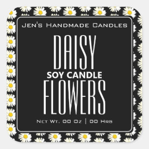 Cute Daisy Flowers Pattern Black White Candles Square Sticker