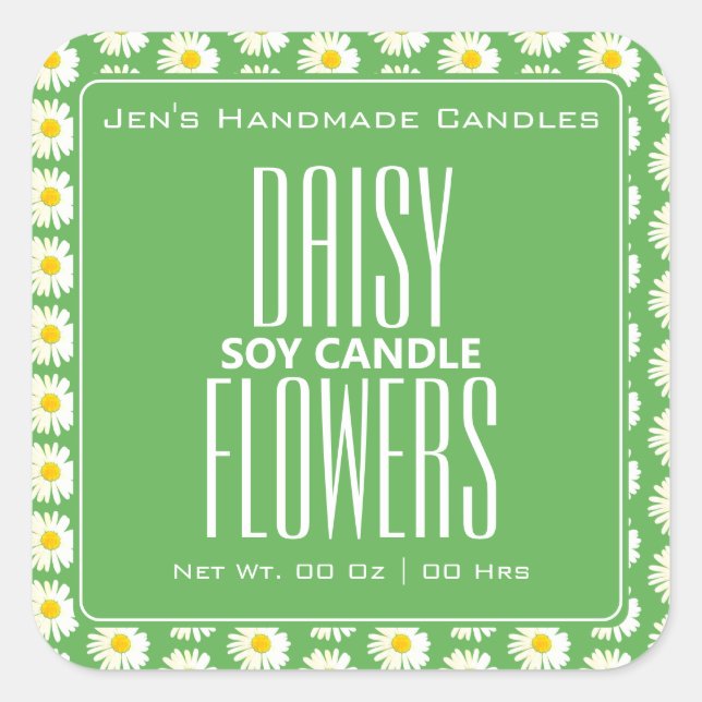 Cute Daisy Flowers Pattern Teal Green Candles Square Sticker (Front)