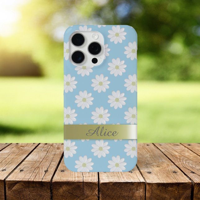 Cute Daisy Flowers Sky Blue Floral Daisies Case-Mate iPhone Case (Springtime blue sky and daisy pattern phone case with space for your name)