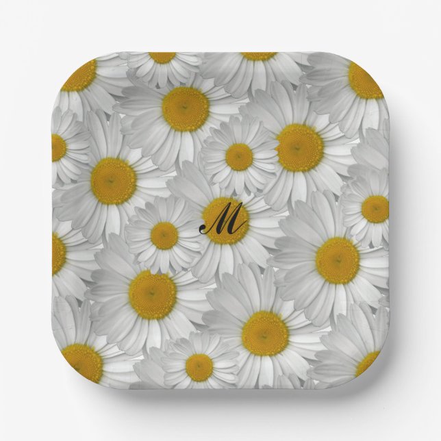 Cute Daisy Flowers with Name Monogram Paper Plate (Front)