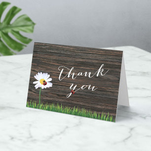Cute Daisy & Ladybugs Wood Background Thank You Card