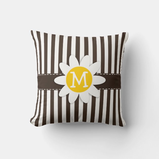 Cute Daisy on Bistre Brown Stripes; Striped Cushion (Front)