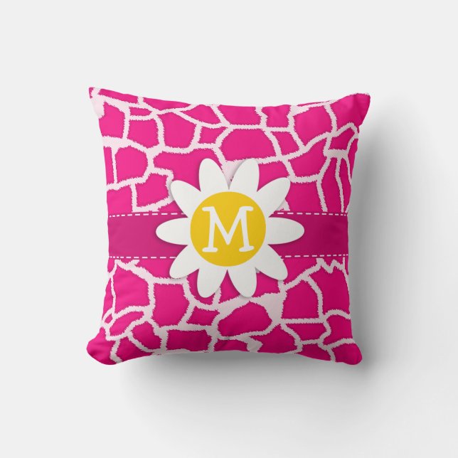 Cute Daisy on Bright Pink Giraffe Animal Print Cushion (Front)