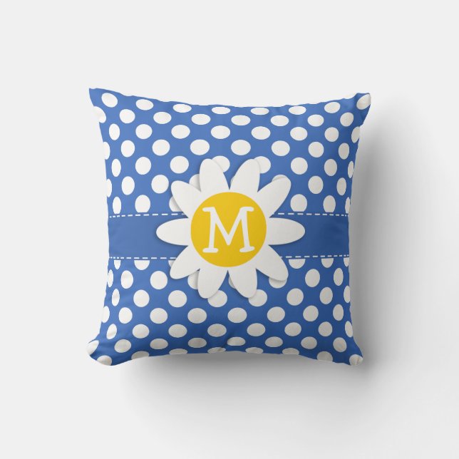 Cute Daisy on Cerulean Blue Polka Dots Cushion (Front)