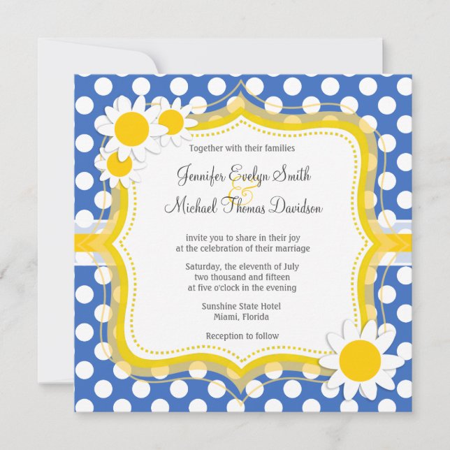 Cute Daisy on Cerulean Blue Polka Dots Invitation (Front)