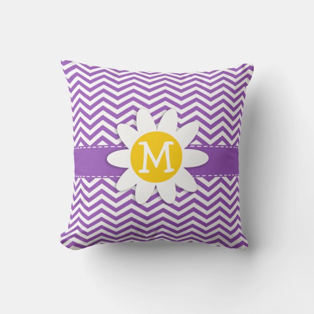 Cute Daisy on Deep Lilac Chevron Cushion (Front)