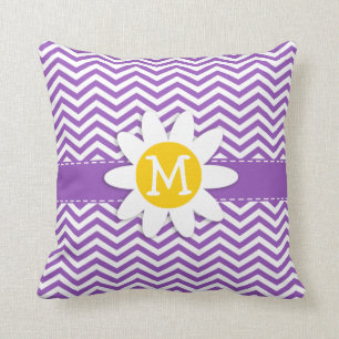 Cute Daisy on Deep Lilac Chevron Cushion