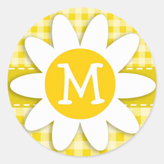 Cute Daisy on Golden Yellow Gingham Classic Round Sticker (Front)