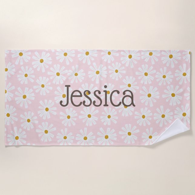 Cute Daisy Patter Custom Name Beach Towel (Front)