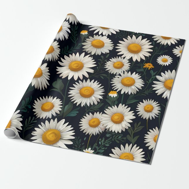 Cute Daisy Pattern Blue Wrapping Paper  (Unrolled)