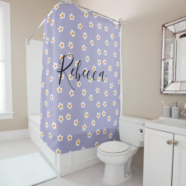 Cute Daisy Pattern Purple Personalised Script Name Shower Curtain (In Situ)