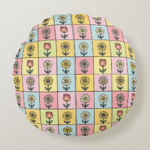 Cute daisy Red Pink Aqua Blue Flowers pattern Birt Round Cushion