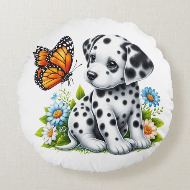 Cute Dalmatian/Butterfly friends Round Cushion (Front)