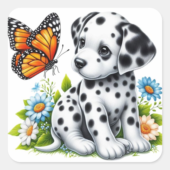 Cute Dalmatian/Butterfly friends Square Sticker (Front)