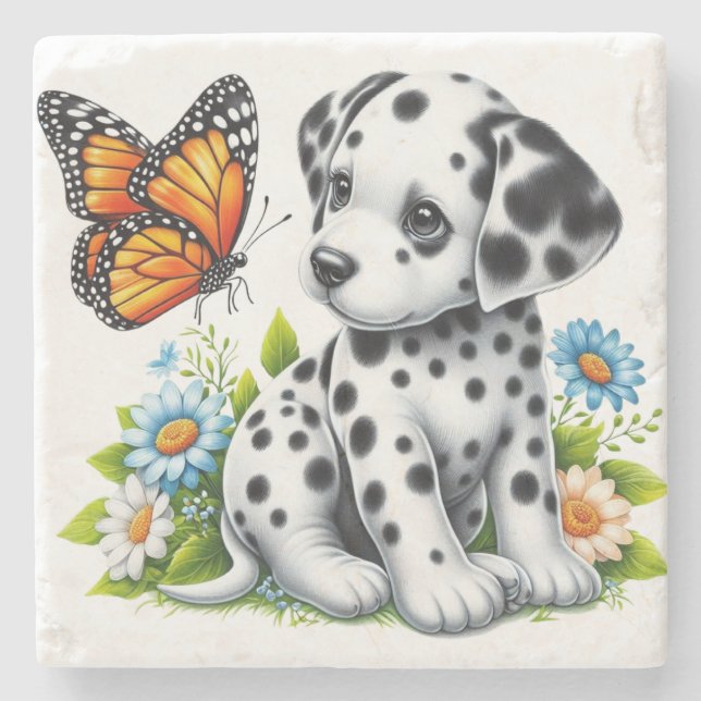 Cute Dalmatian/Butterfly friends Stone Coaster (Front)