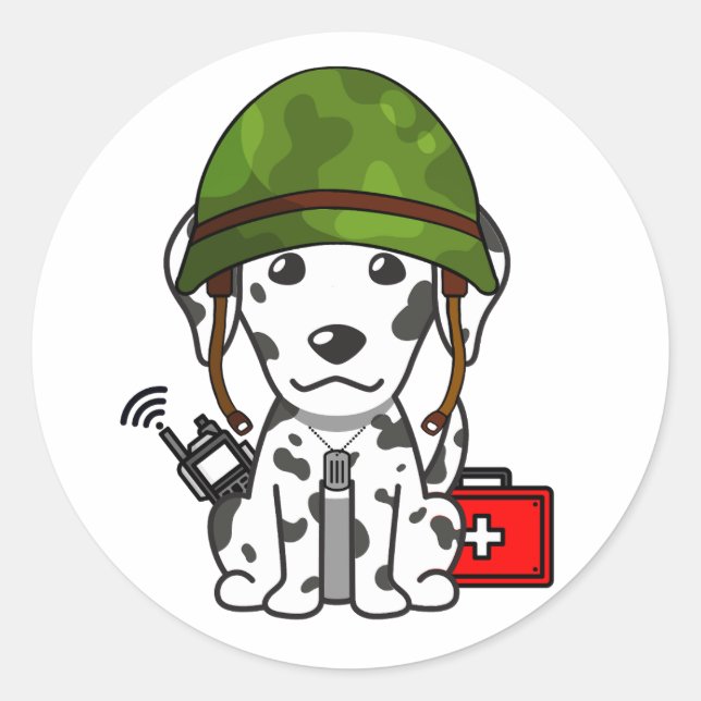 Cute Dalmatian Dog Wearing army helmet Classic Round Sticker (Front)