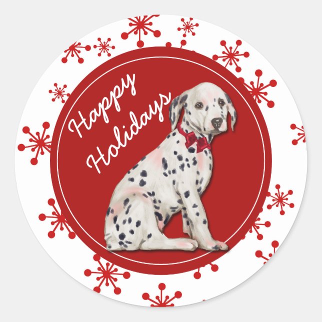 Cute Dalmatian Puppy Red Snowflake Classic Round Sticker (Front)
