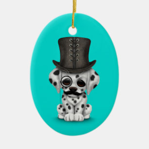 Cute Dalmatian Puppy with Monocle, Top Hat Blue Ceramic Tree Decoration