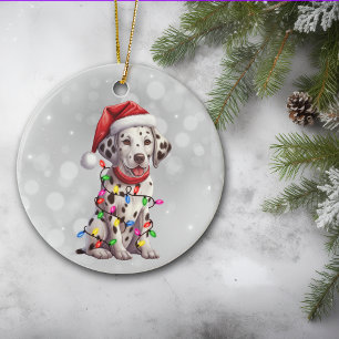 Cute Dalmatian Puppy Wrapped in Christmas Lights  Ceramic Ornament