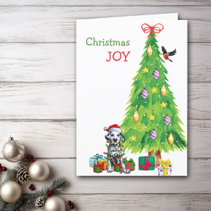 Cute Dalmatian Santa Puppy and Tree Christmas Holiday Card