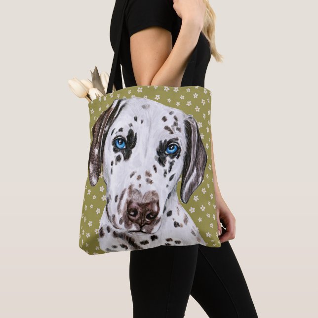 Cute Dalmatian With Green White Flower Pattern Tote Bag (Close Up)