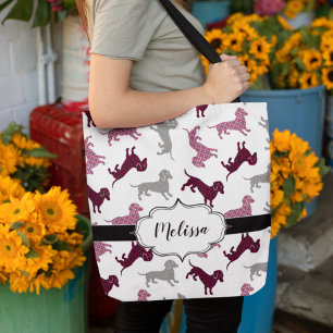 Cute Damask Dachshunds Custom Name Tote Bag