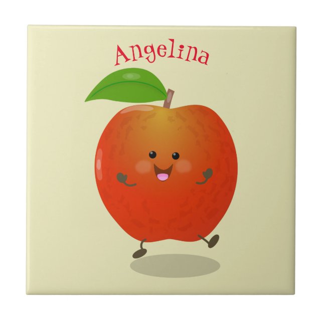 Cute dancing apple cartoon illustration ceramic tile (Front)